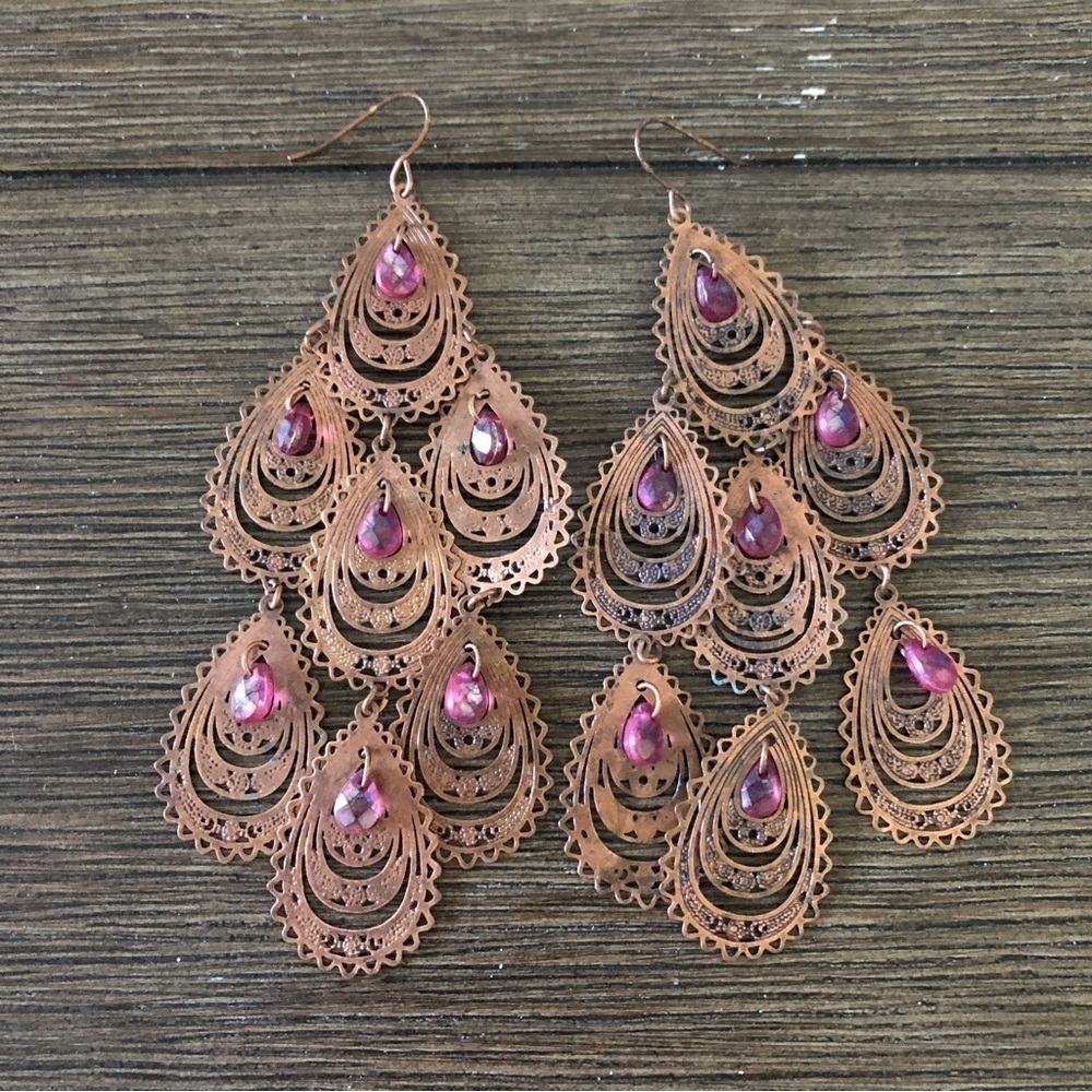 Pink metal cutout dangle fishhook earrings